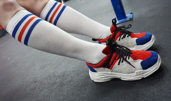 High Cut Stripe Socks | Blue Red White Knee High