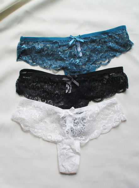 3 Piece Lace Thong Set | Teal/Black/White Set