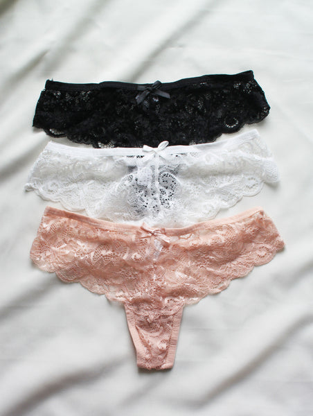 3 Piece Lace Thong Set | Peach/White/Black Set