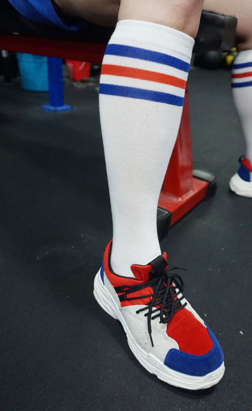 High Cut Stripe Socks | Blue Red White Knee High Side