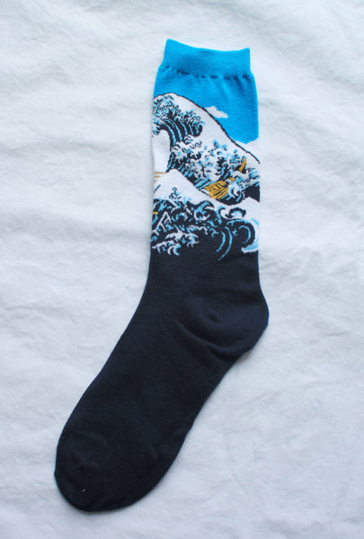 Cultured Long Crew Socks | Hokusai (tsunami wave)
